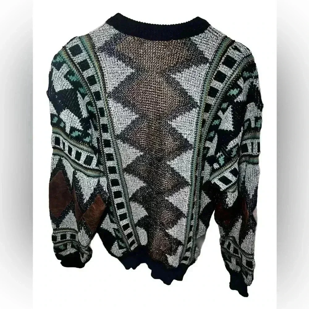 Vintage 80s Coogi-Style Aztec Sweater Textured Knit with Leather Panels, medium - Picture 4 of 5